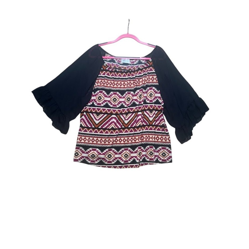 The ZigZag Stripe Womens XL Southwestern Print Bell Sleeve Ruffle Blouse T6813Z